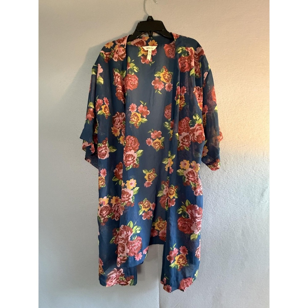 Matilda Jane‎ Kimono Jacket Womens M/L Blue Floral Chiffon Open Front Sheer